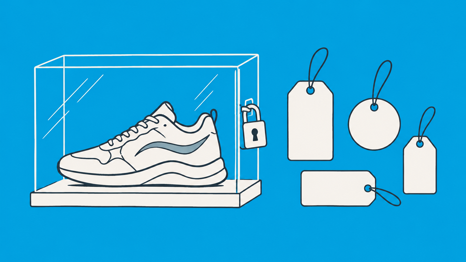 Flat illustration of a sneaker and multiple brand symbols protected inside a locked display case representing Nike trademarks.