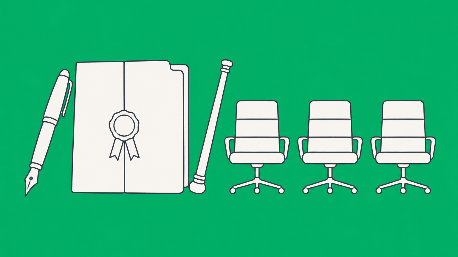 Flat illustration of a formation folder, signing pen, and baton leading to boardroom chairs to represent the incorporator's role in creating a corporation.