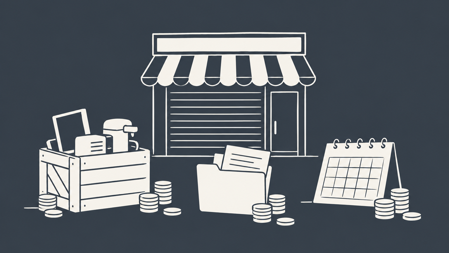 Flat illustration of an unopened storefront with coins allocated to equipment, documents, and recurring expenses to represent business startup costs.