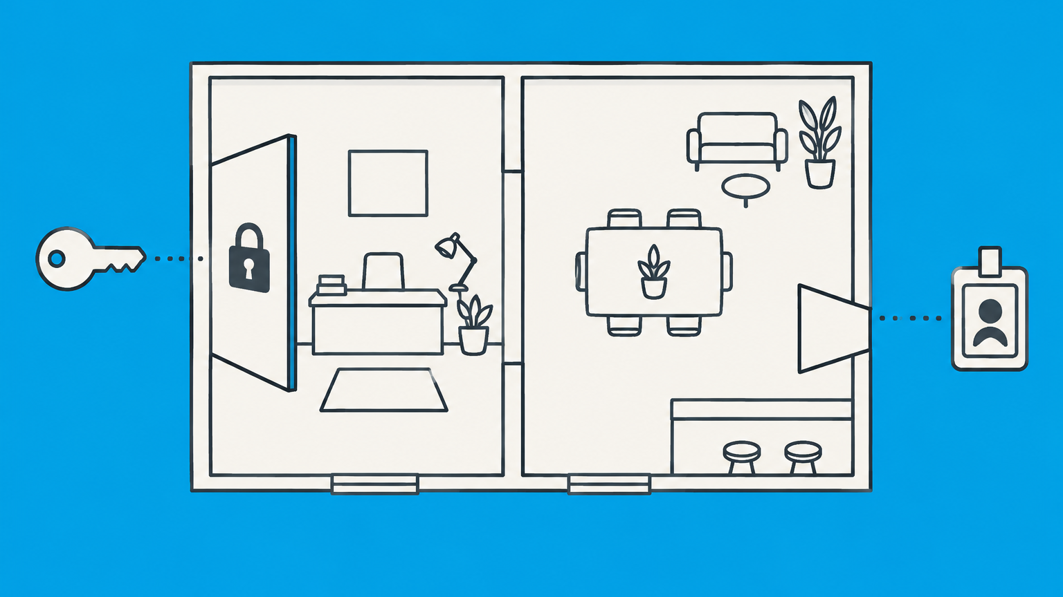 Flat illustration of a key opening a private room beside an access badge for a shared area, representing a license agreement vs lease.