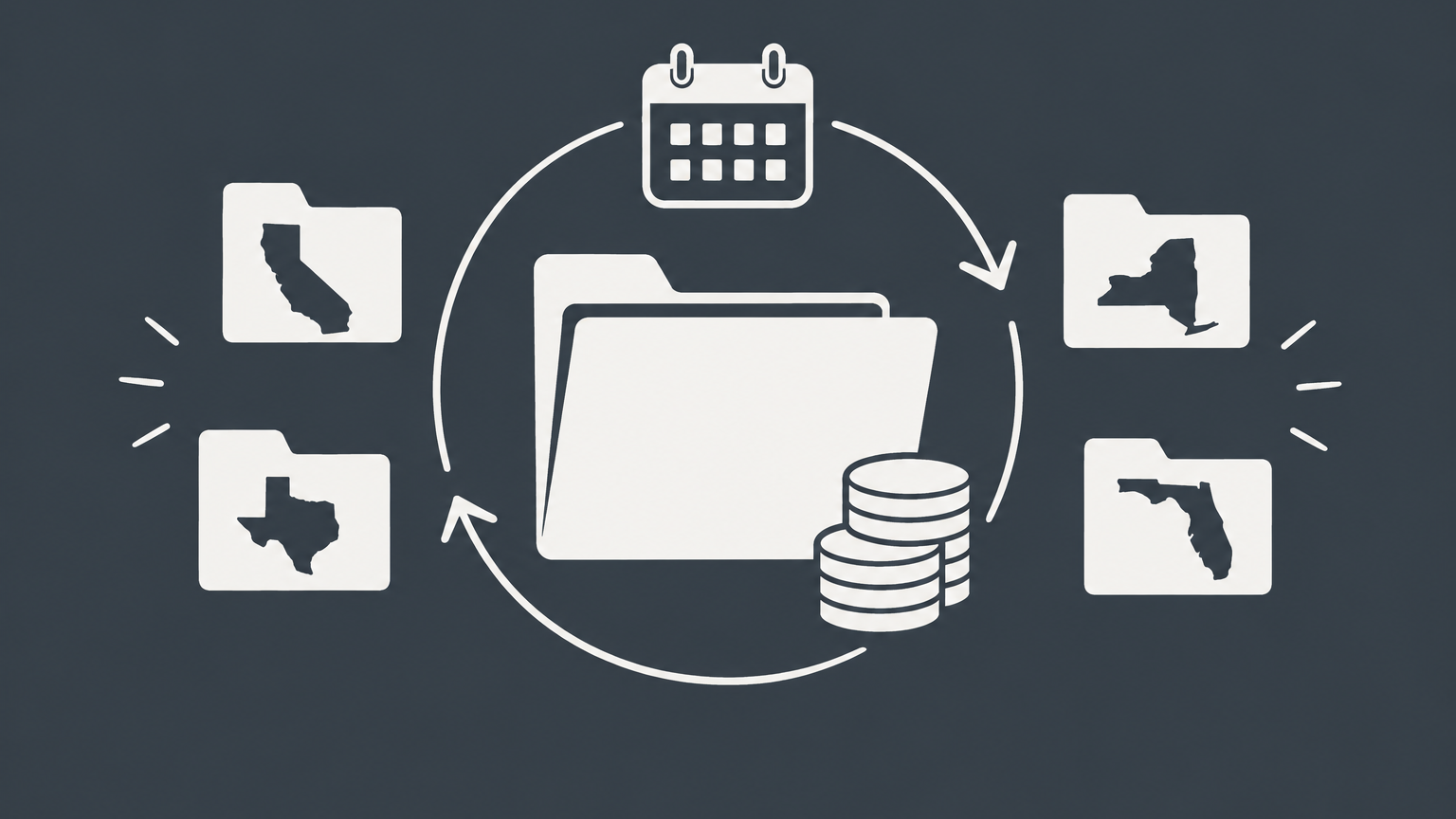 Flat illustration of a business folder, calendar cycle, coins, and state filing tabs representing annual LLC fees and recurring filing requirements.