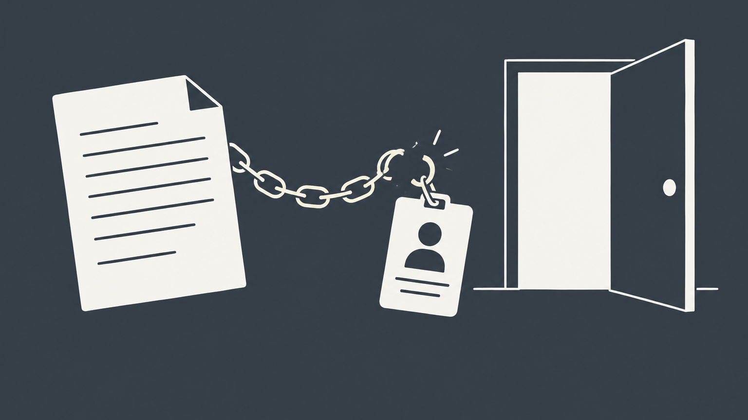 Flat illustration of an employment document and office badge linked by an opened clasp beside an exit door, representing breaking an employment contract in Saudi Arabia.