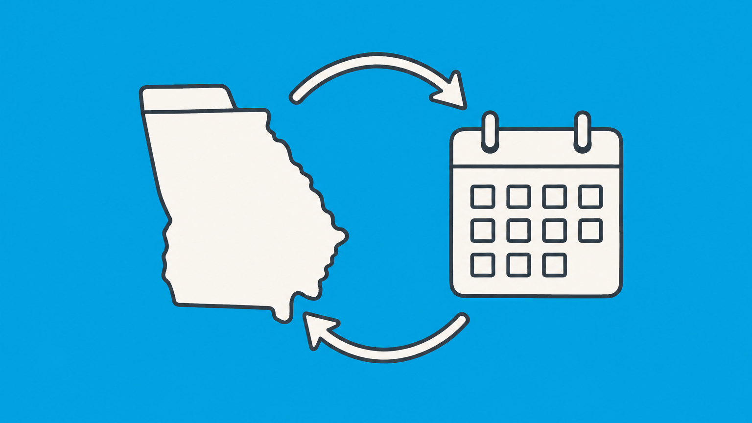 Flat illustration of a Georgia-shaped business folder, calendar, and renewal arrow representing Georgia LLC renewal.
