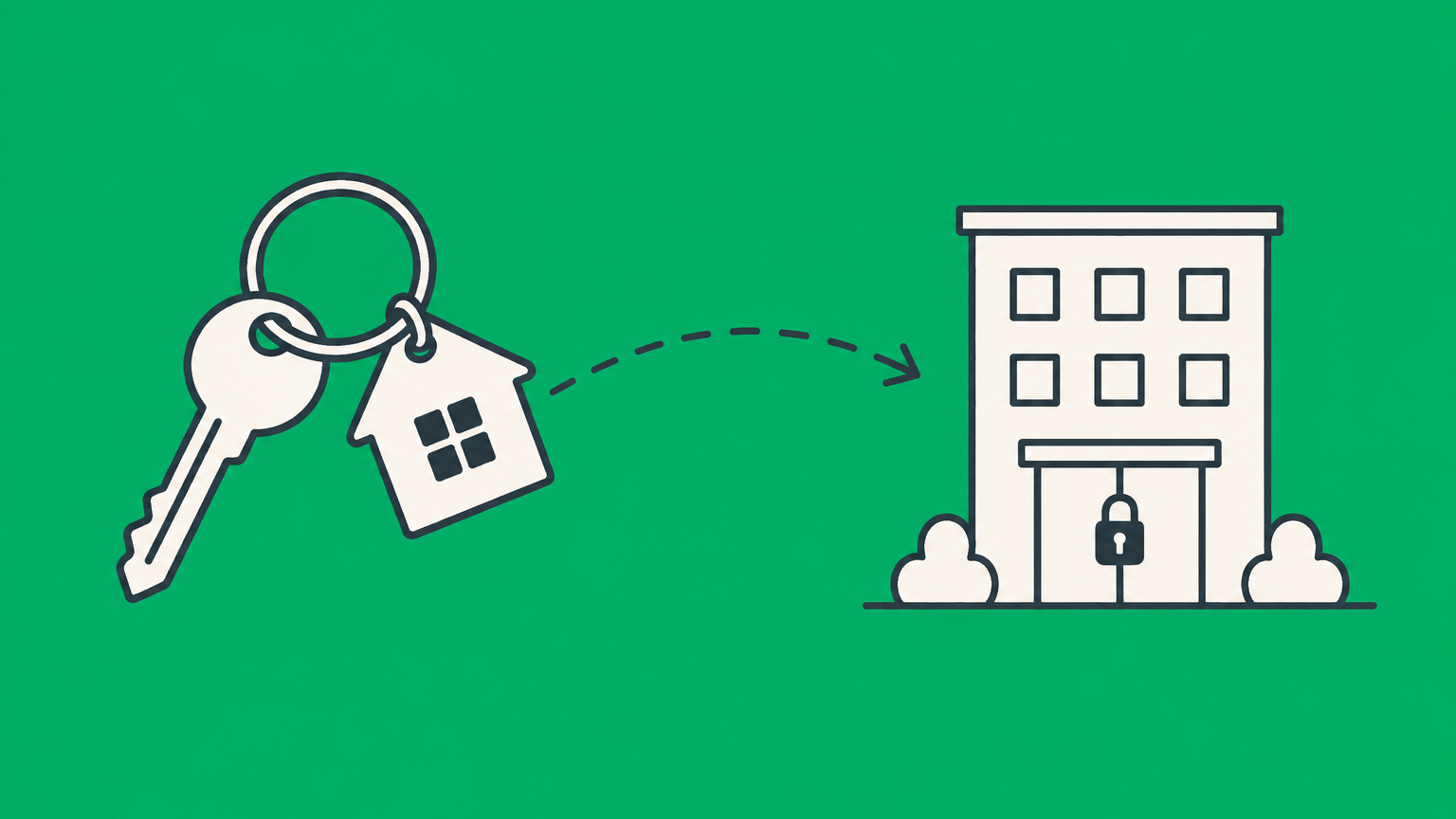 Flat illustration of a house key moving from connected filing boxes to an open palm, representing a property title transfer from an LLC to a person.