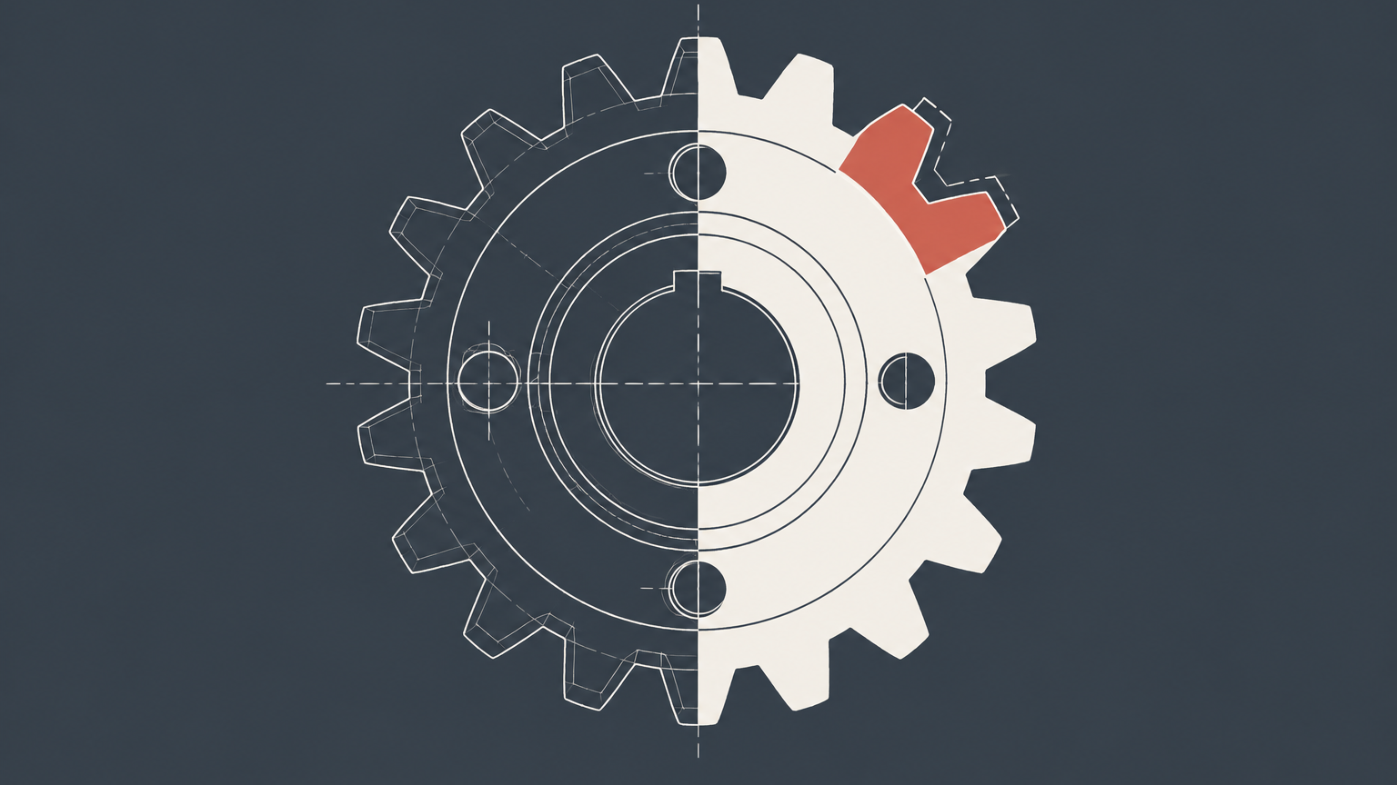 Flat illustration of a technical patent drawing aligned over a manufactured gear to represent patent infringement analysis.