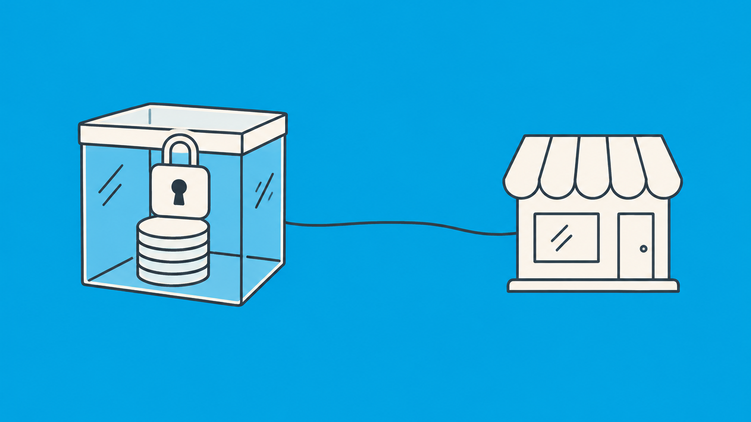 Flat illustration of a locked coin box connected to a storefront, representing how to become a silent partner in a business.
