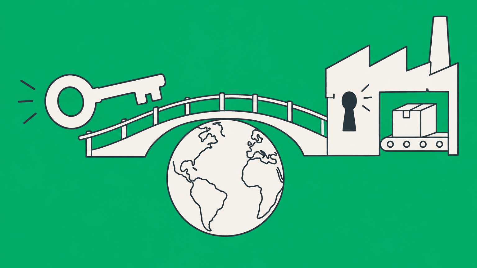 Flat illustration of a key crossing a globe to unlock a foreign factory, representing licensing in international business.