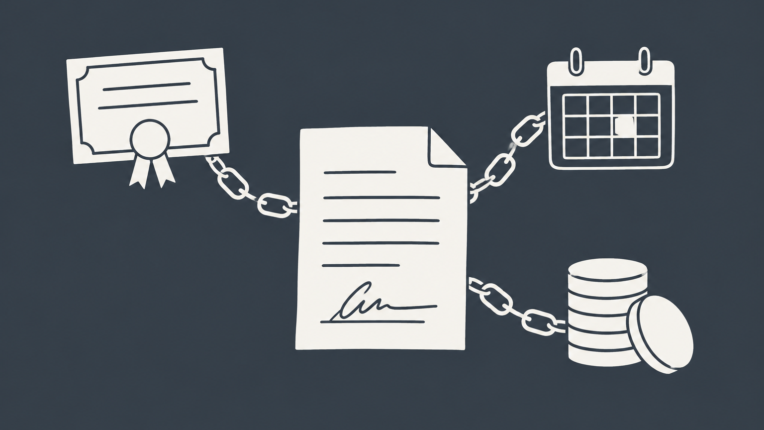 Flat illustration of a signed contract linked to a training certificate, calendar, and coins to represent an employment bond.