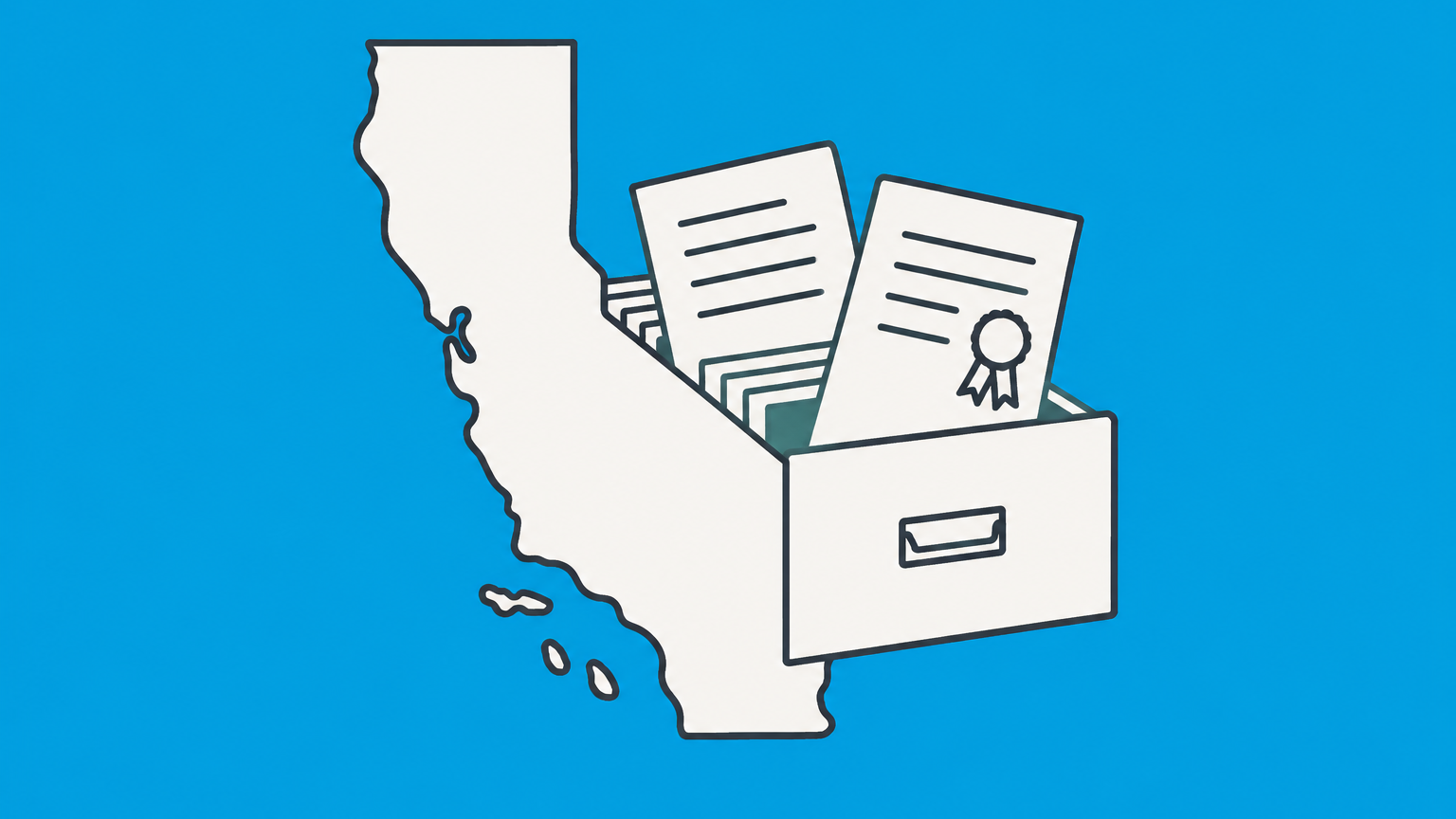 Flat illustration of a duplicate document emerging from a California-shaped filing drawer to represent obtaining a copy of California Articles of Incorporation.