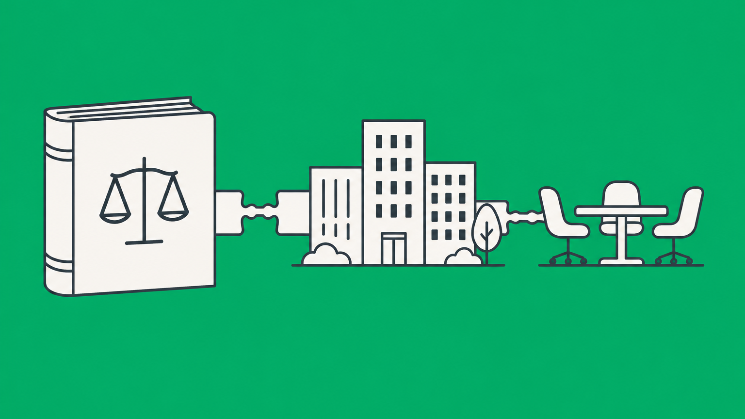 Flat illustration of a rulebook connected to organizational buildings and meeting chairs representing legally binding bylaws.