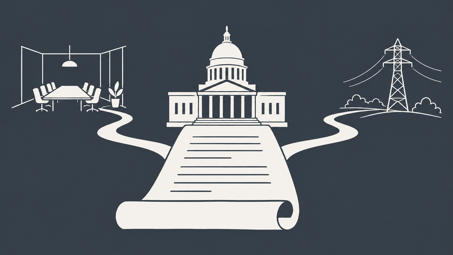 Flat illustration of a public-service building anchored to legislation to represent a statutory company.