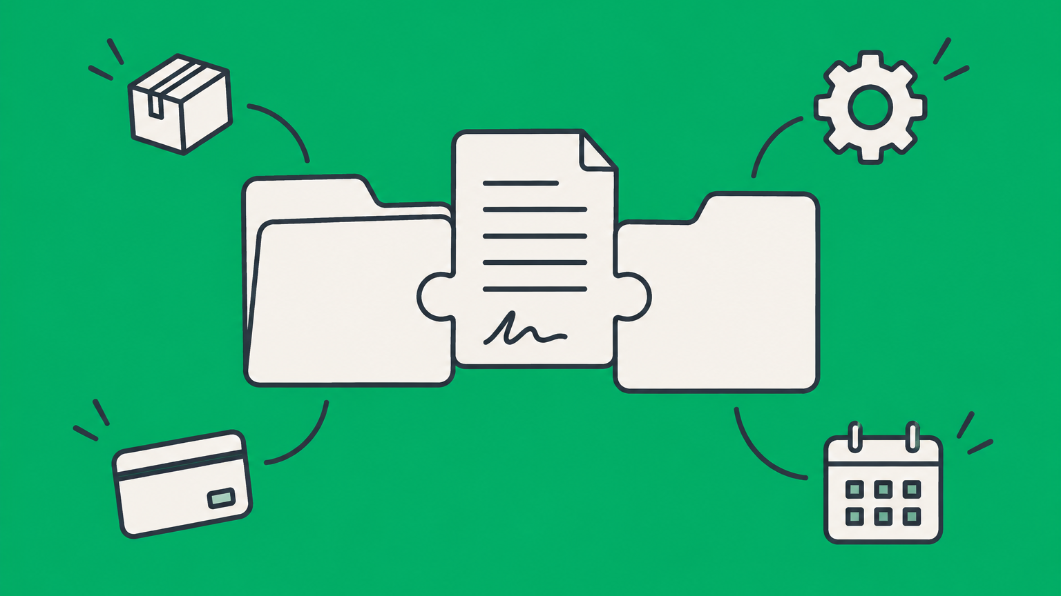 Flat illustration of two business folders connected by a signed document representing a B2B contract and its goods, services, payment, and deadline terms.