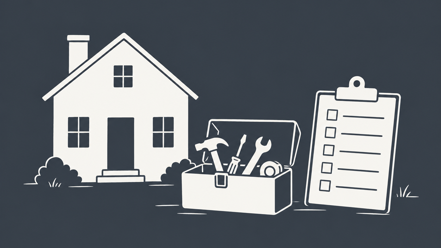 Flat illustration of a vacant house, toolbox, and maintenance checklist representing property preservation jobs.