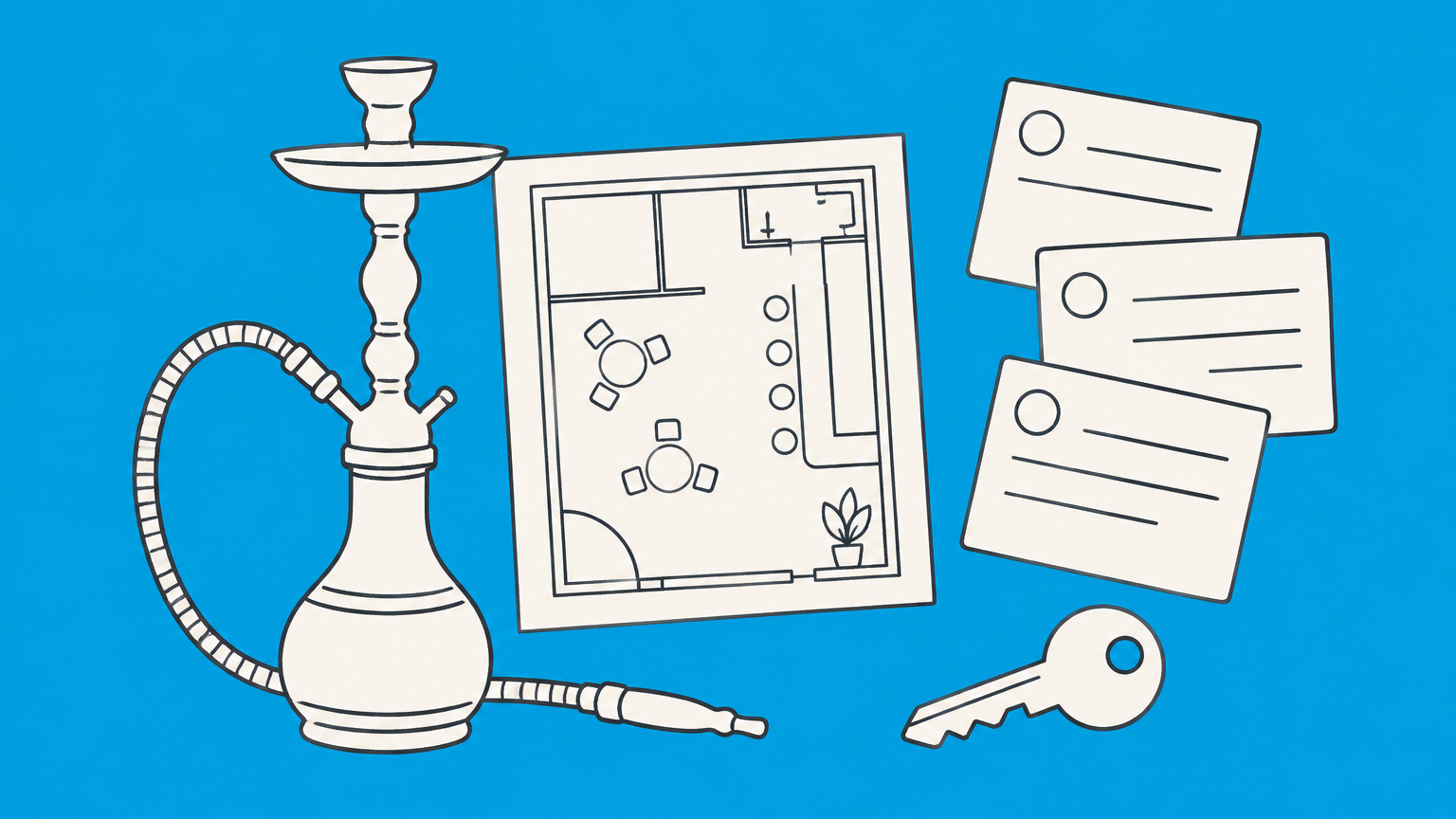 Flat illustration of a hookah, storefront blueprint, key, and permit cards representing how to open a hookah lounge.
