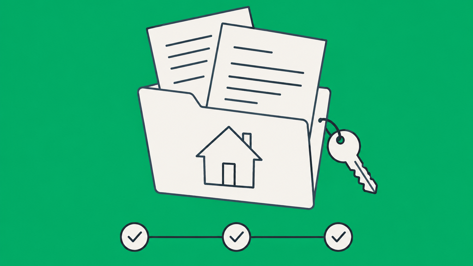 Flat illustration of an open document folder, house key, and three-checkpoint timeline representing initial disclosures for a mortgage.