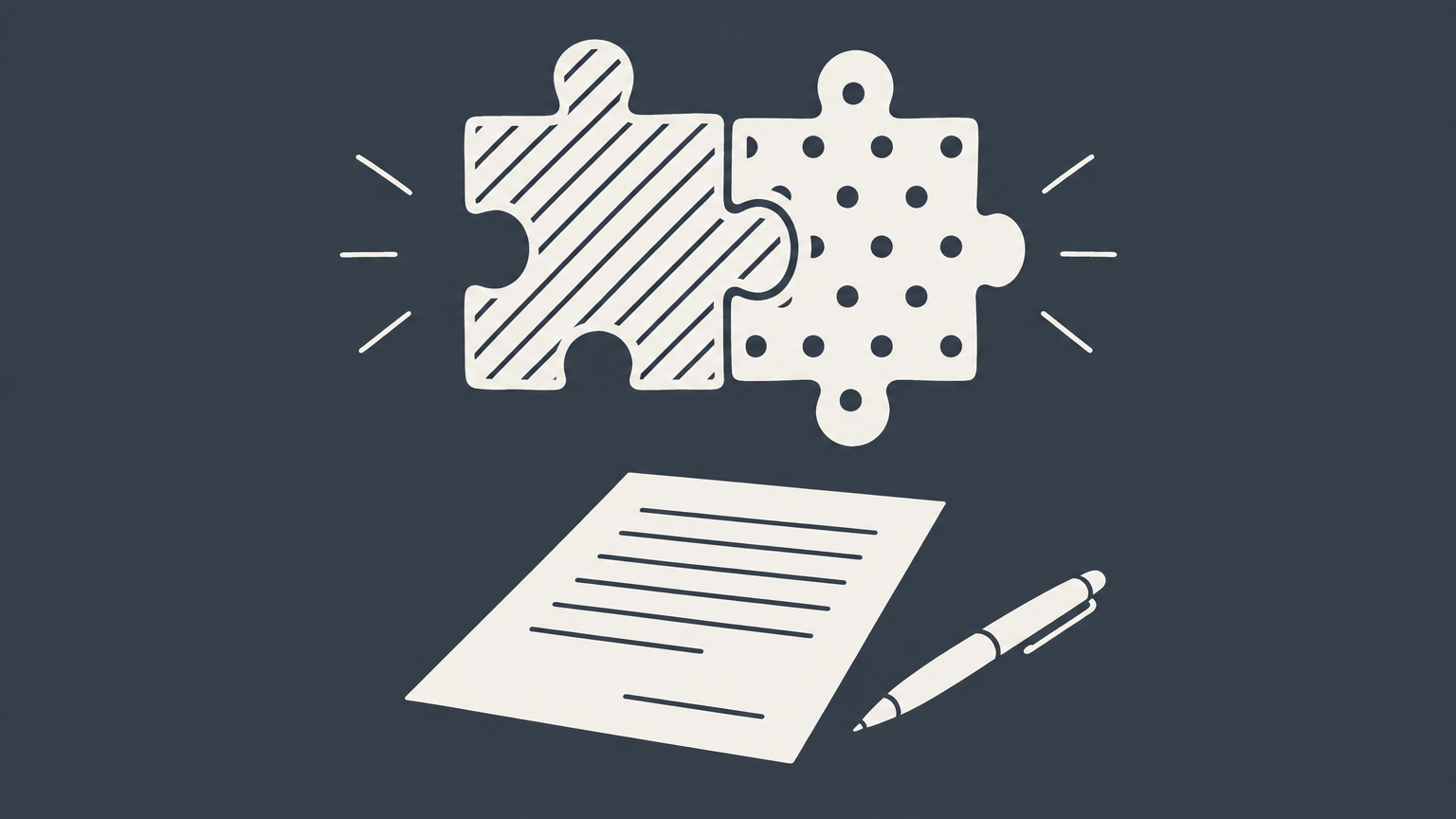 Flat illustration of two matching puzzle pieces joining above a document to represent mutual assent in contract law.