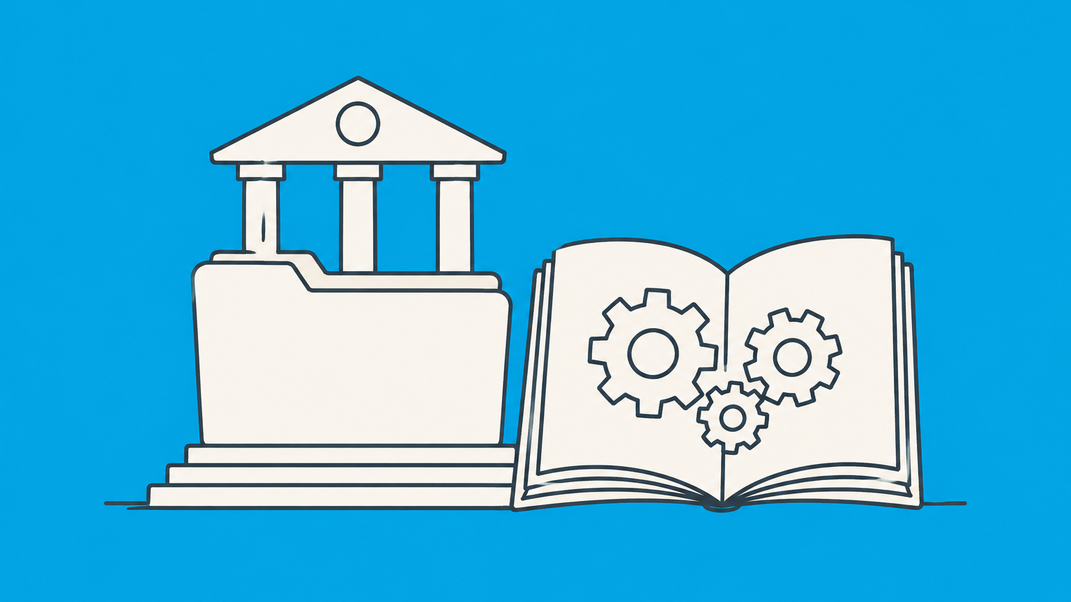 Flat illustration of a filing folder supporting a building beside a gear-filled handbook, representing a corporate charter and bylaws.