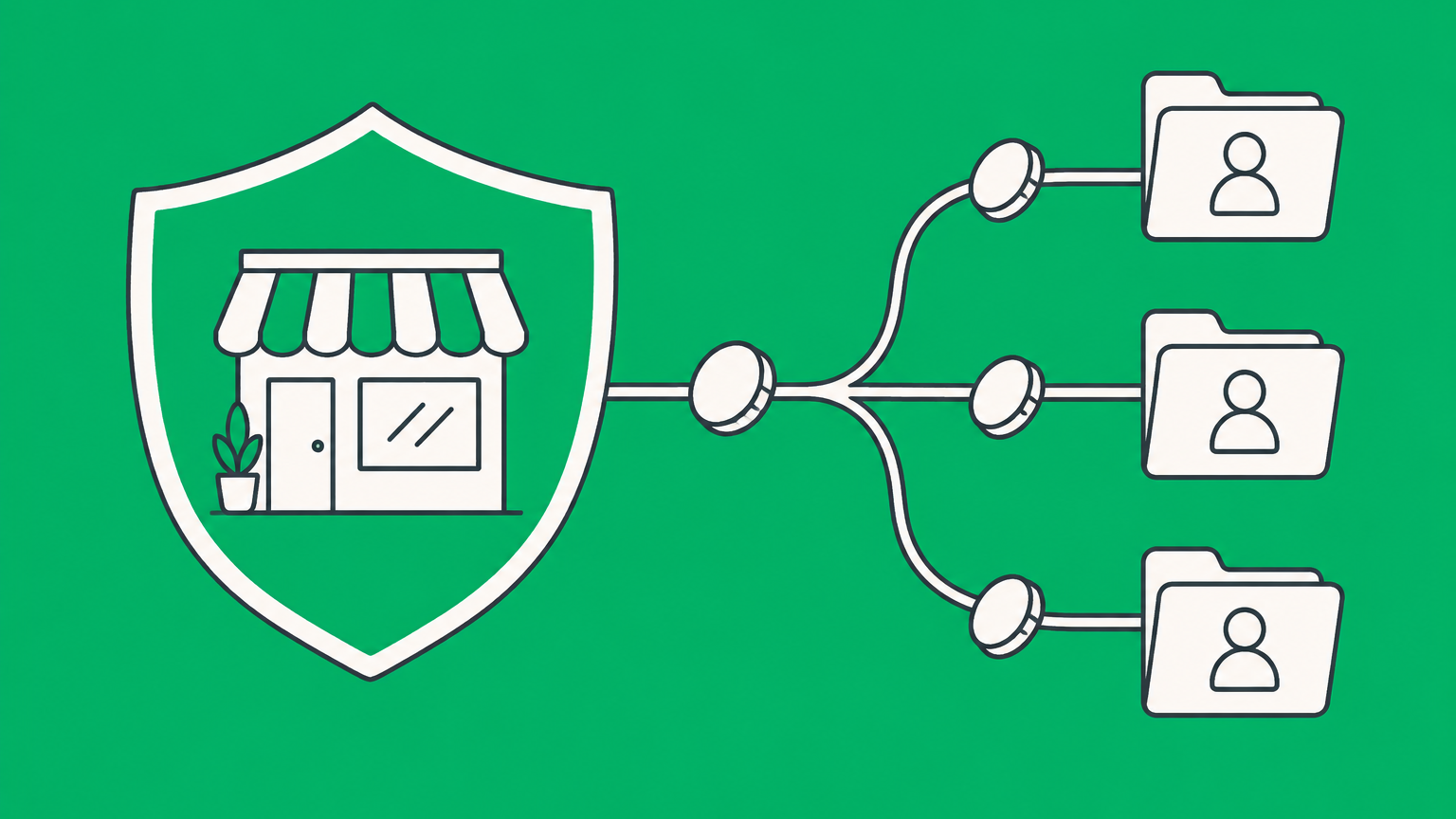 Flat illustration of a shielded storefront passing a branching stream of coins to owner folders to represent S corporation examples.