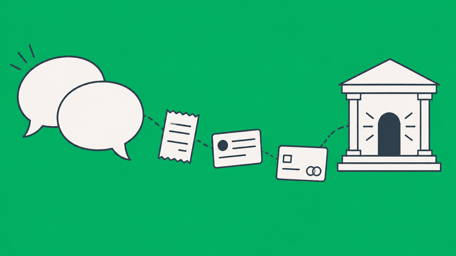 Flat illustration of speech bubbles and supporting records leading to a courthouse doorway to represent whether verbal agreements hold up in court.