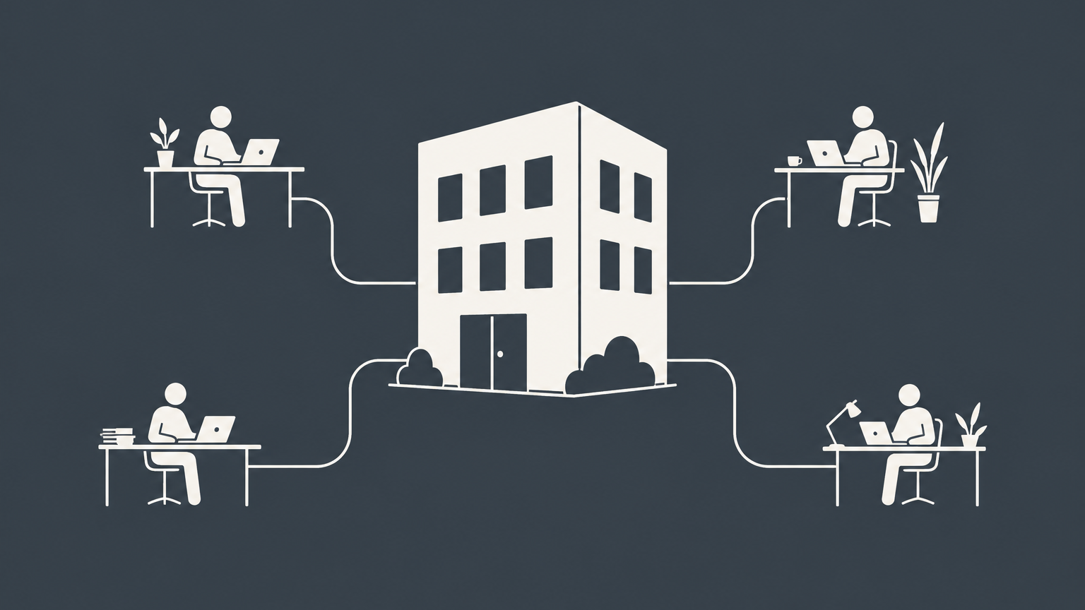 Flat illustration of a protective office structure connected to several employee desks, representing an LLC with employees.