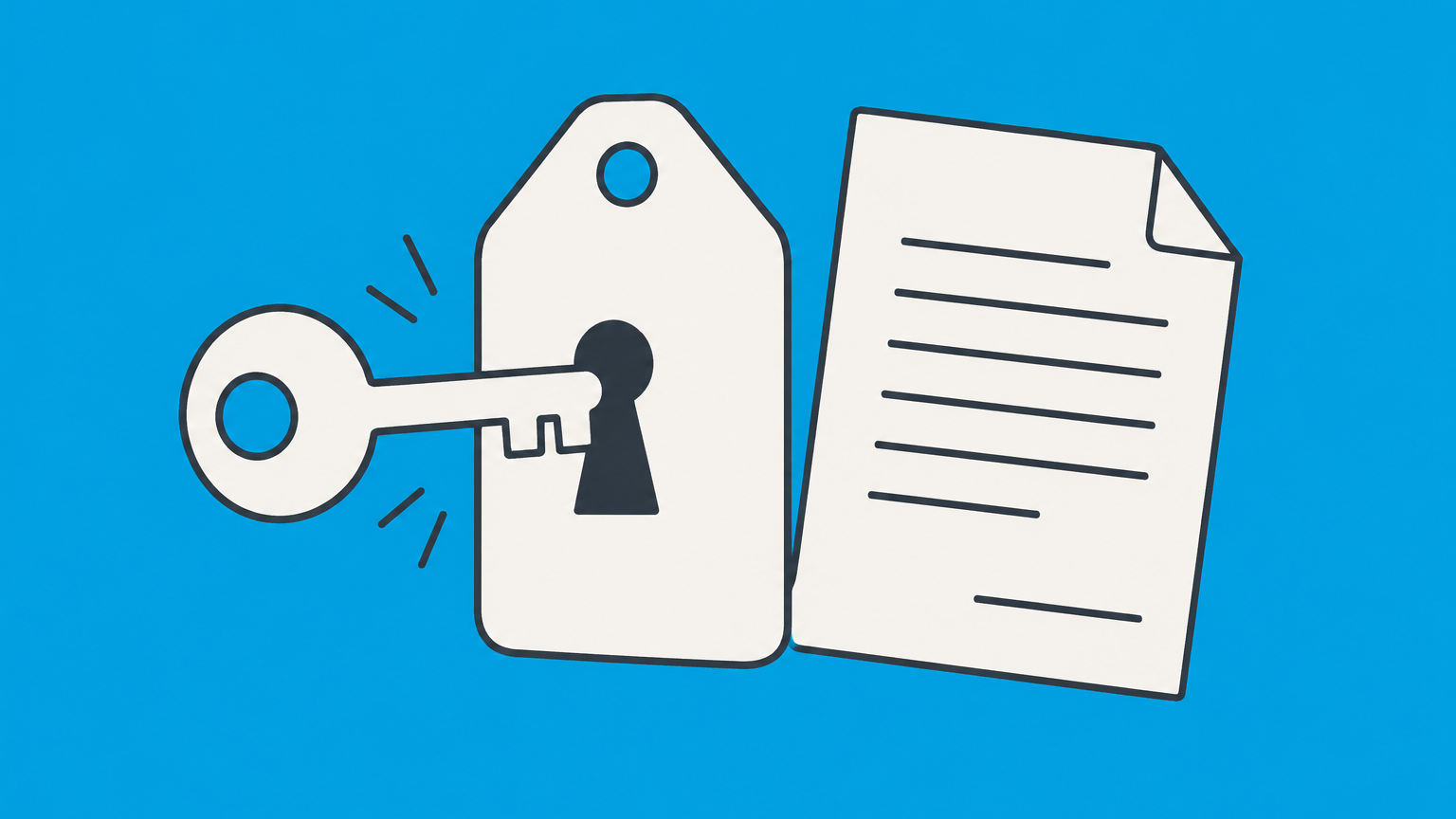 Flat illustration of a key unlocking a generic brand tag beside a license sheet to represent permission to use a trademark.