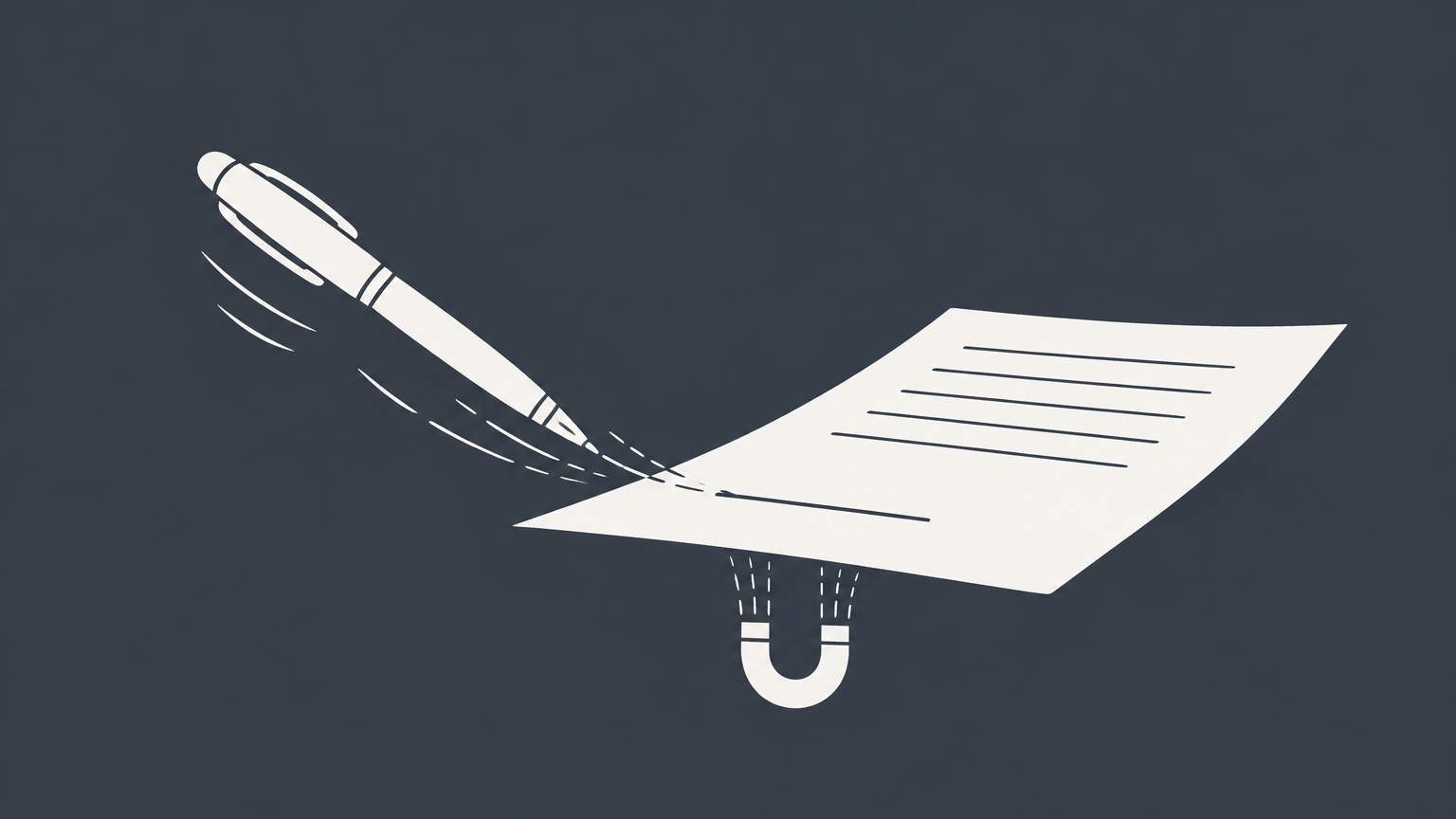 Flat illustration of a concealed magnet pulling a pen toward a contract, representing fraud in the inducement.
