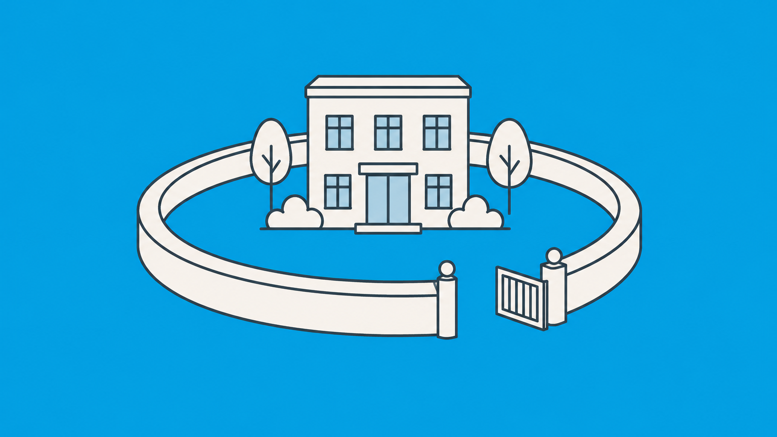 Flat illustration of a small office building inside a continuous circular track with an exit gate, representing perpetual LLC duration.