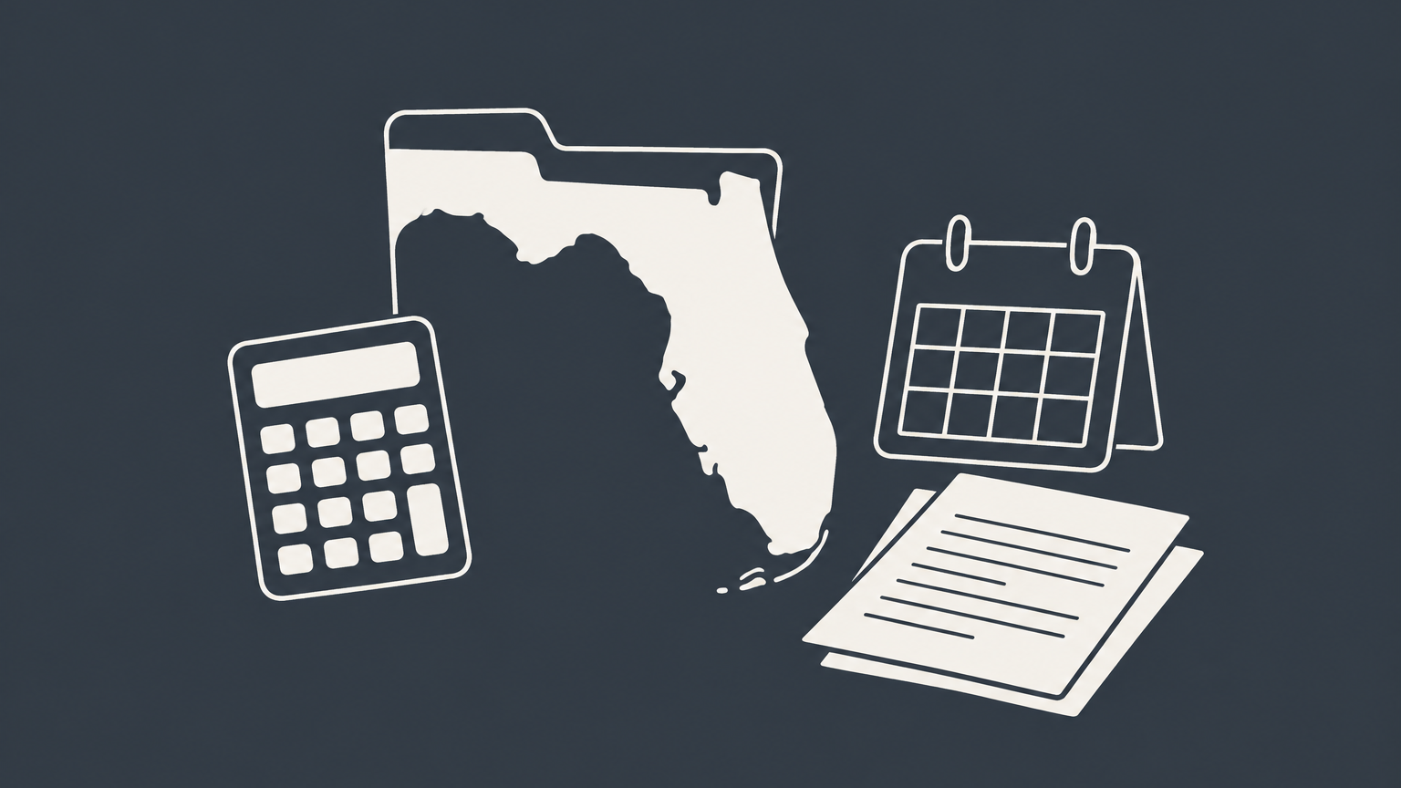 Flat illustration of a Florida-shaped folder, calculator, calendar, and tax forms representing the Florida corporate income tax rate and filing requirements.