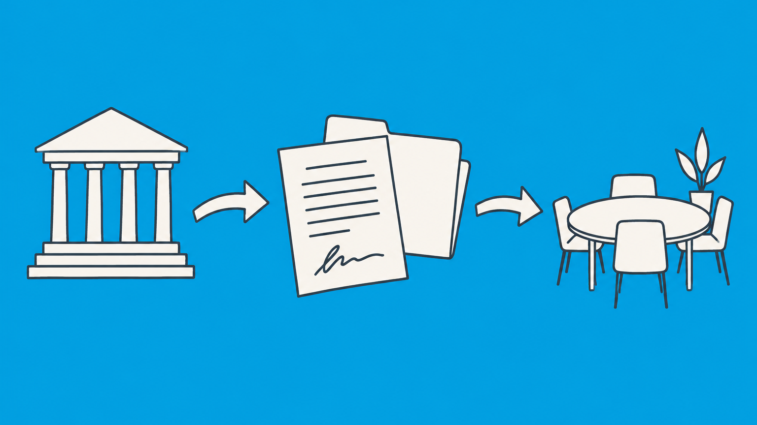 Flat illustration of a signed contract directing a dispute folder from a courthouse to a private conference table to represent a mutual arbitration agreement.