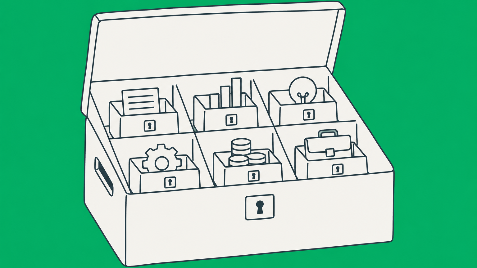 Flat illustration of a parent storage box containing separate locked compartments to represent an LLC owning subsidiary LLCs.