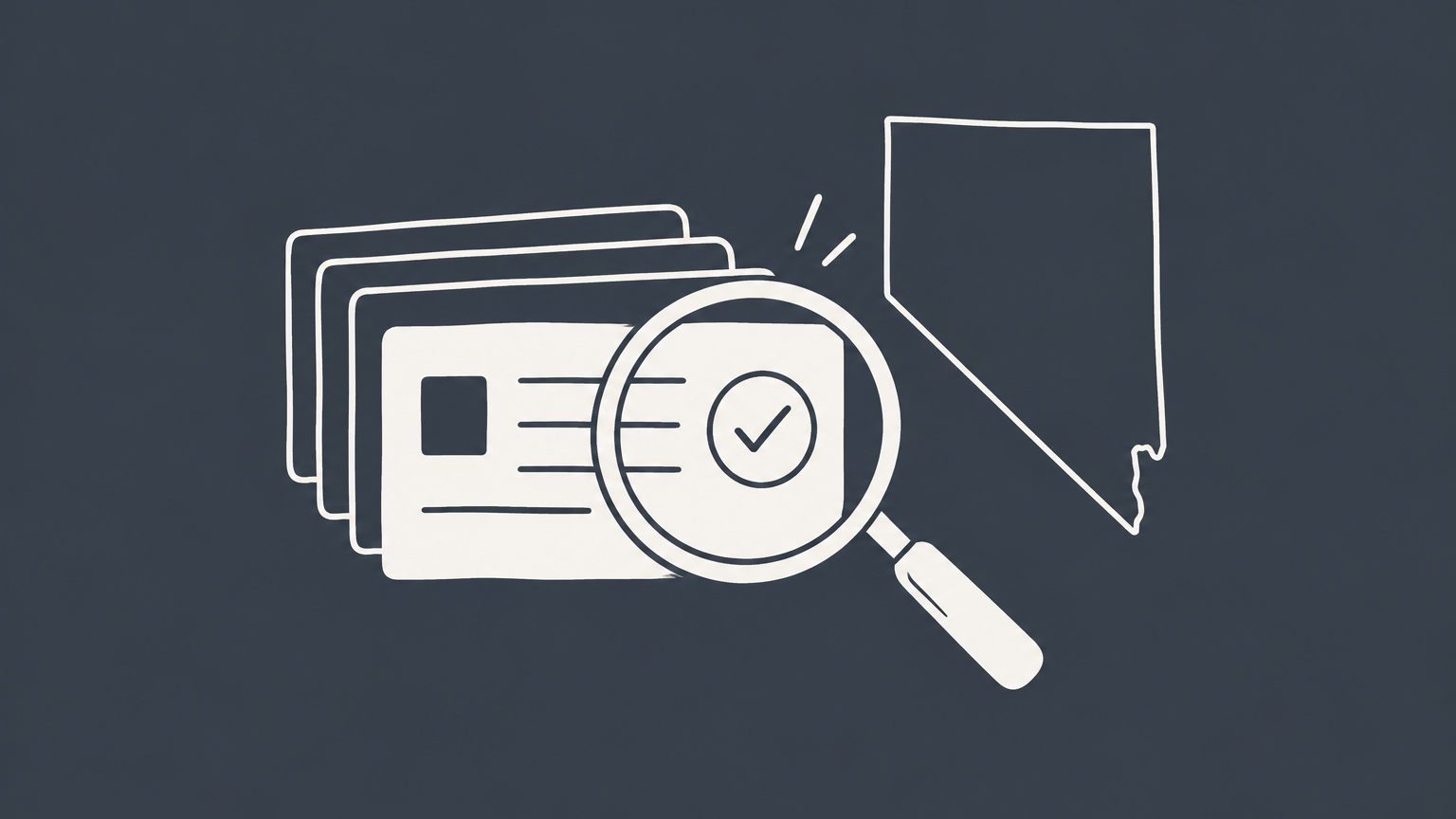 Flat illustration of a magnifying glass inspecting registry cards beside a Nevada outline for a Nevada business entity search.