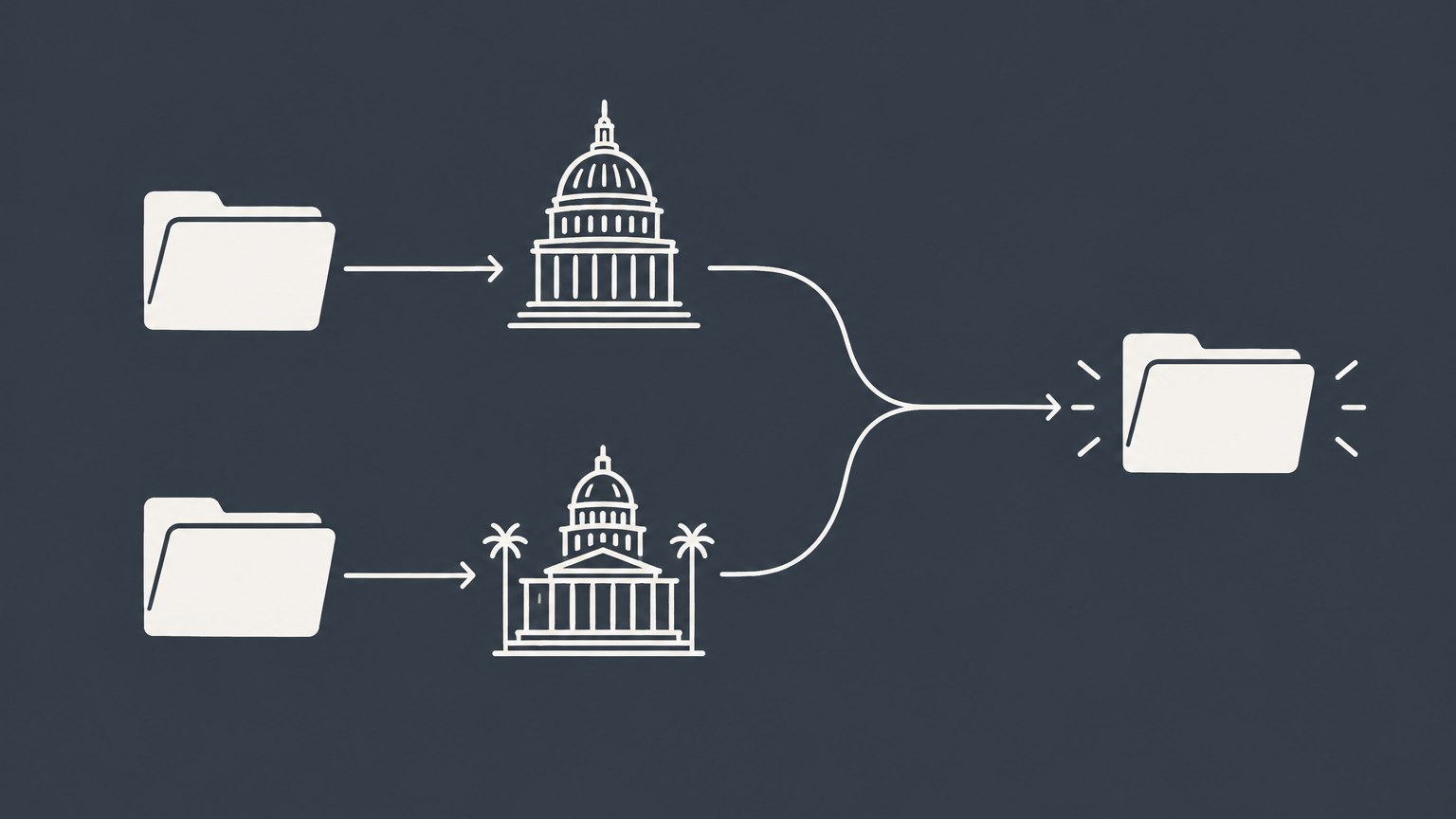 Flat illustration of document folders moving through federal and California filing checkpoints to represent California S corp formation and tax election.