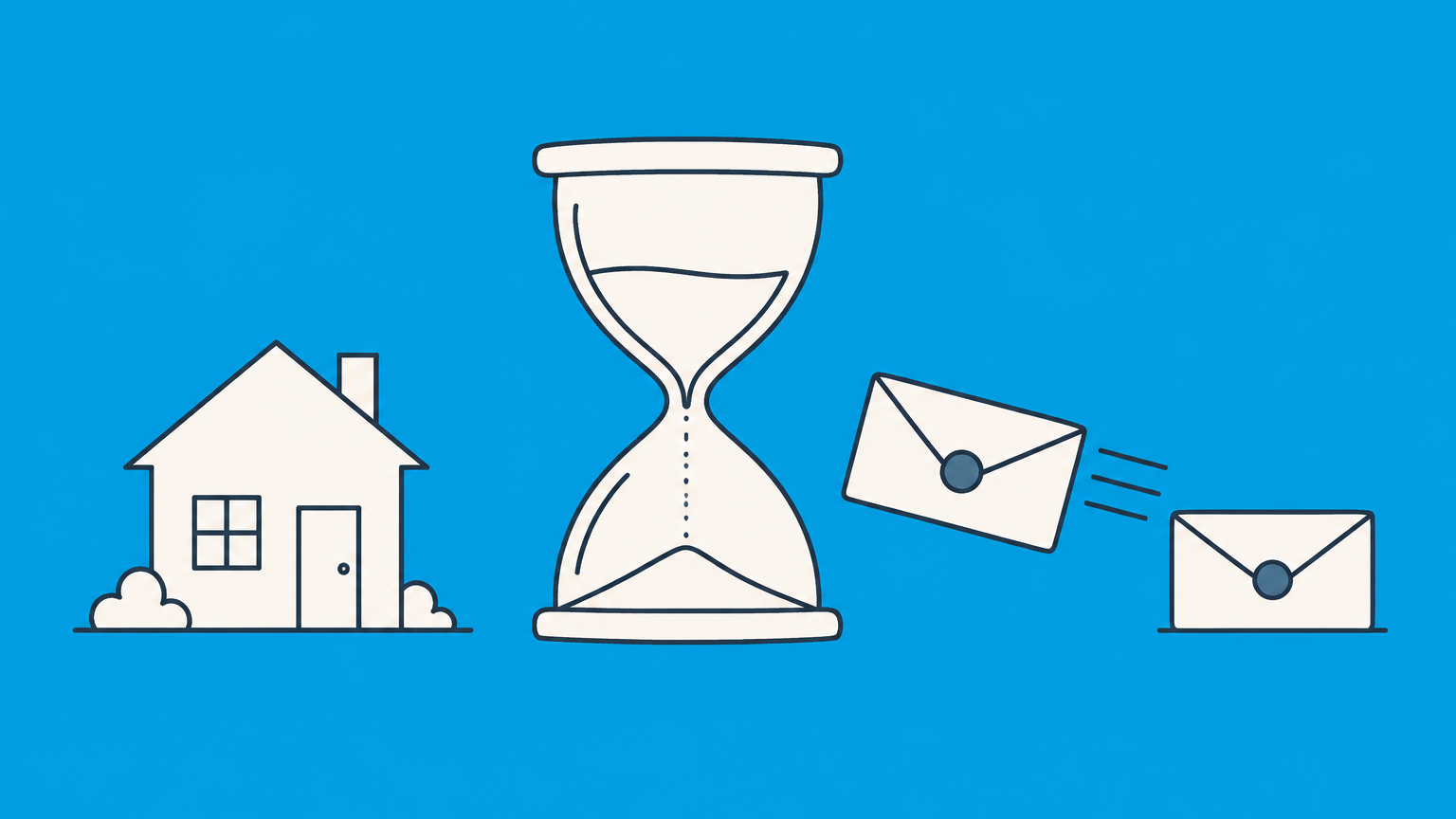 Flat illustration of an hourglass between a house and competing offer envelopes representing a 72 hour kick out clause in real estate.