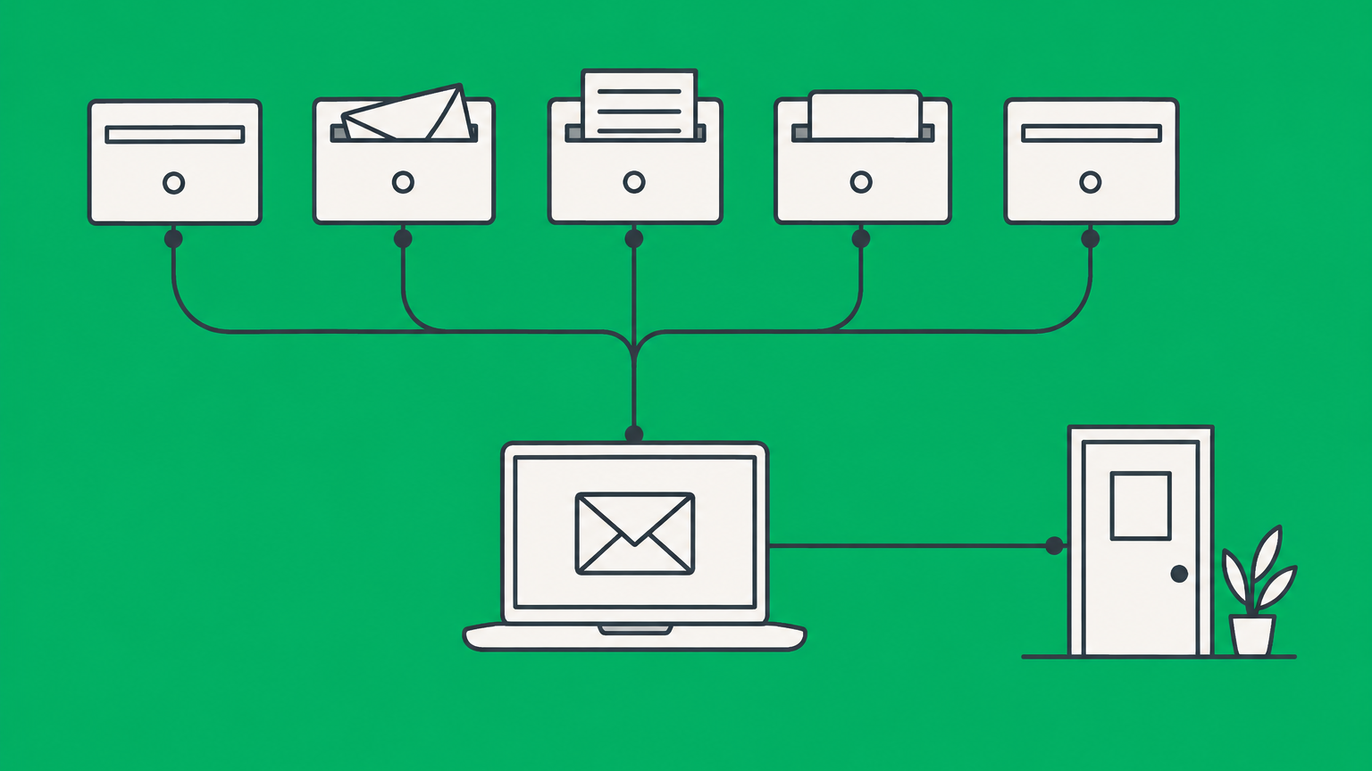 Flat illustration of mailbox compartments routing documents to a laptop and office door to represent virtual office providers.