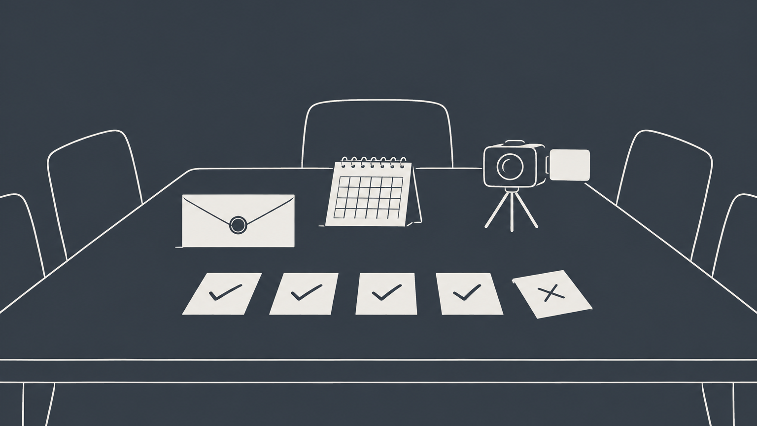 Flat illustration of a meeting table with a notice envelope, calendar, camera, and misaligned voting card representing common mistakes in shareholder meeting production.