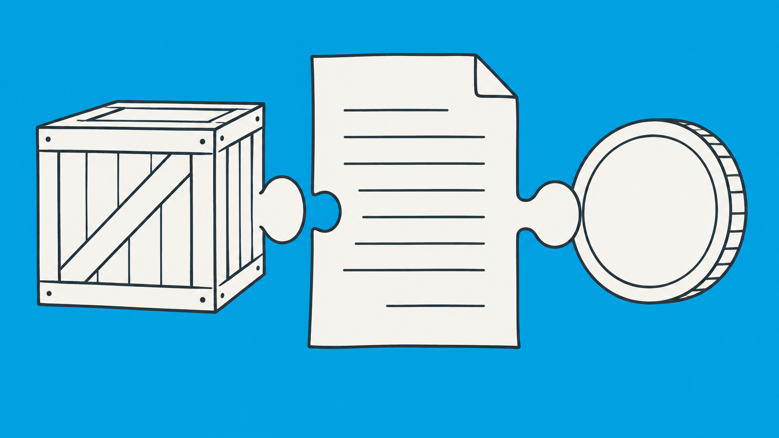 Flat illustration of a large crate and a single coin joined across a contract sheet to represent adequacy of consideration.