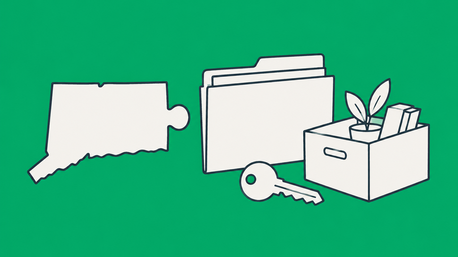 Flat illustration of a Connecticut-shaped puzzle piece, closing file folder, key, and packed business box representing dissolution of an LLC in Connecticut.