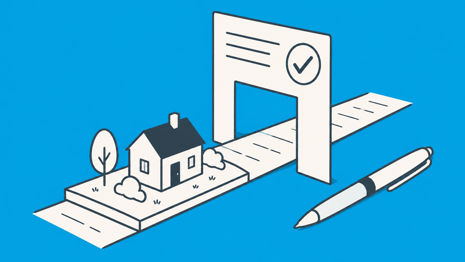 Flat illustration of a land parcel passing through a paper-shaped checkpoint to represent writing requirements for real estate contracts.