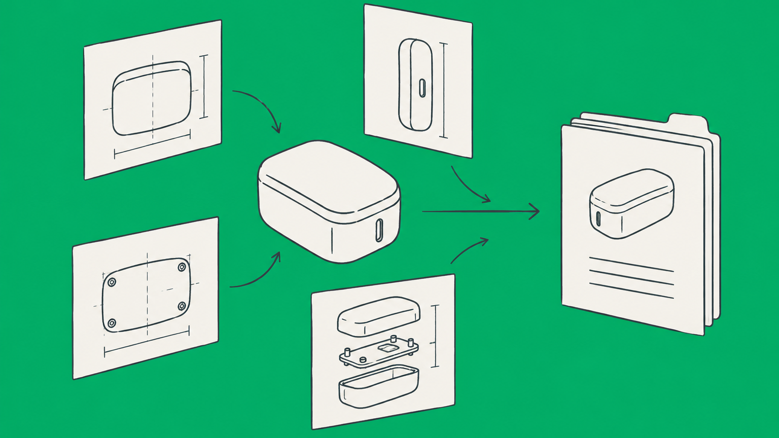 Flat illustration of a product shell and technical-view sheets converging into an application document for getting a design patent.
