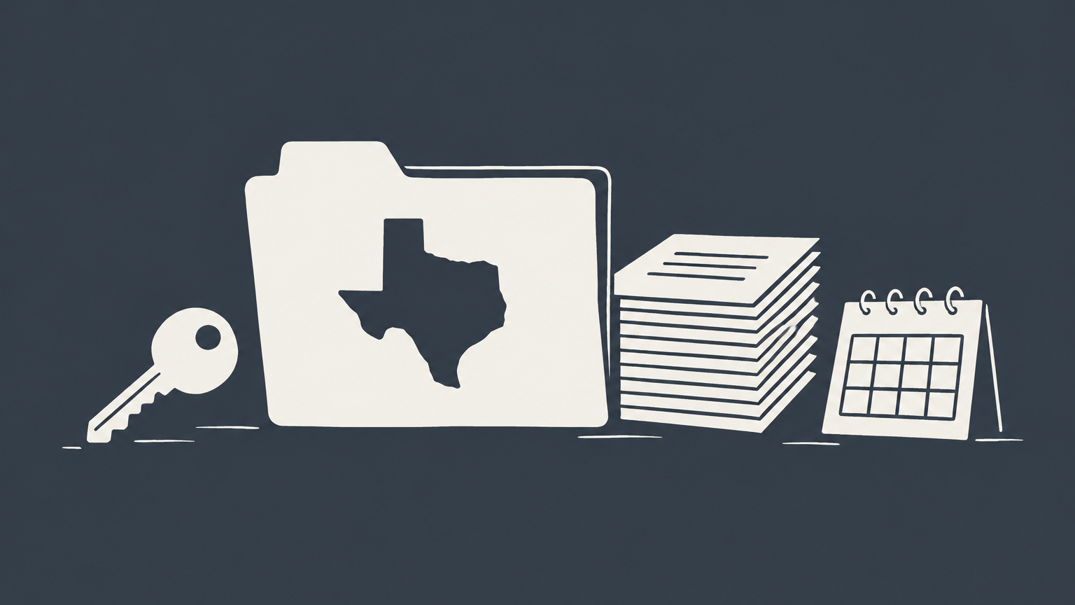 Flat illustration of a single key, Texas-shaped document folder, filing papers, and calendar representing Texas single-member LLC filing requirements.