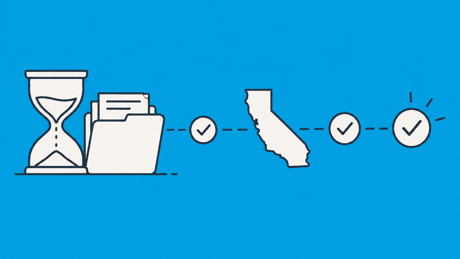 Flat illustration of an hourglass and formation folder moving through California approval checkpoints to represent California LLC processing time.