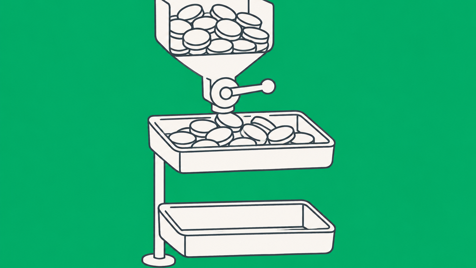 Flat illustration of a two-level coin dispenser filling the upper tray first to represent preferred dividends and their payment priority.