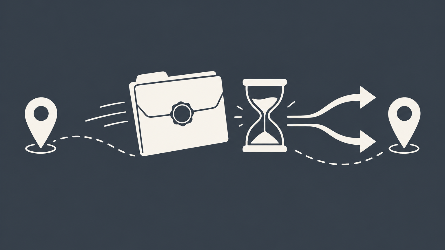 Flat illustration of a petition folder moving between worksite map pins beside an hourglass, representing H1B amendment processing time.