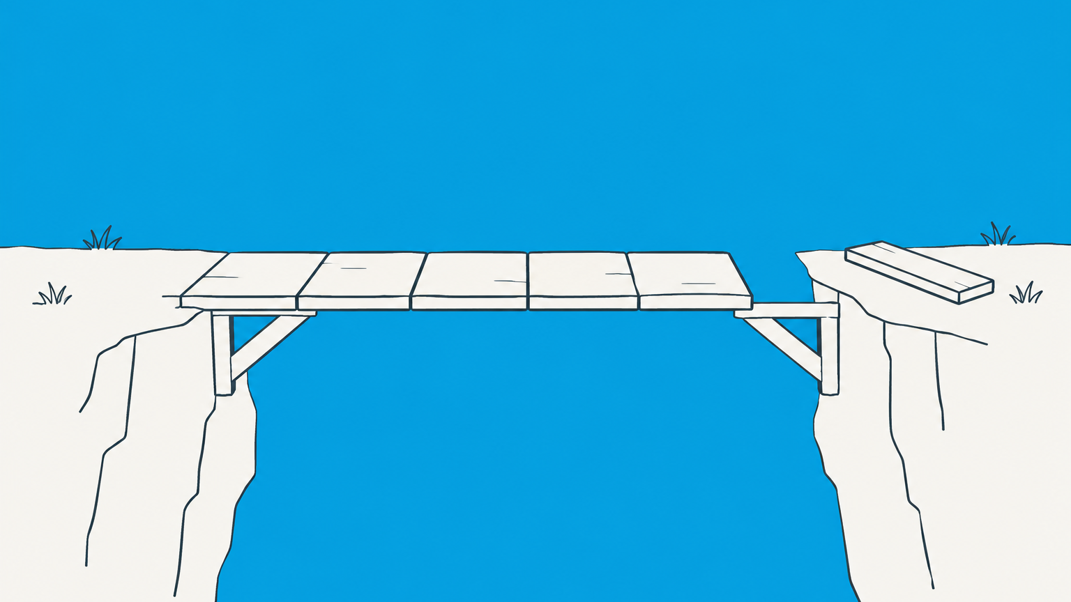 Flat illustration of a nearly completed bridge with one replaceable plank beside a small gap, representing substantial performance in contract law.