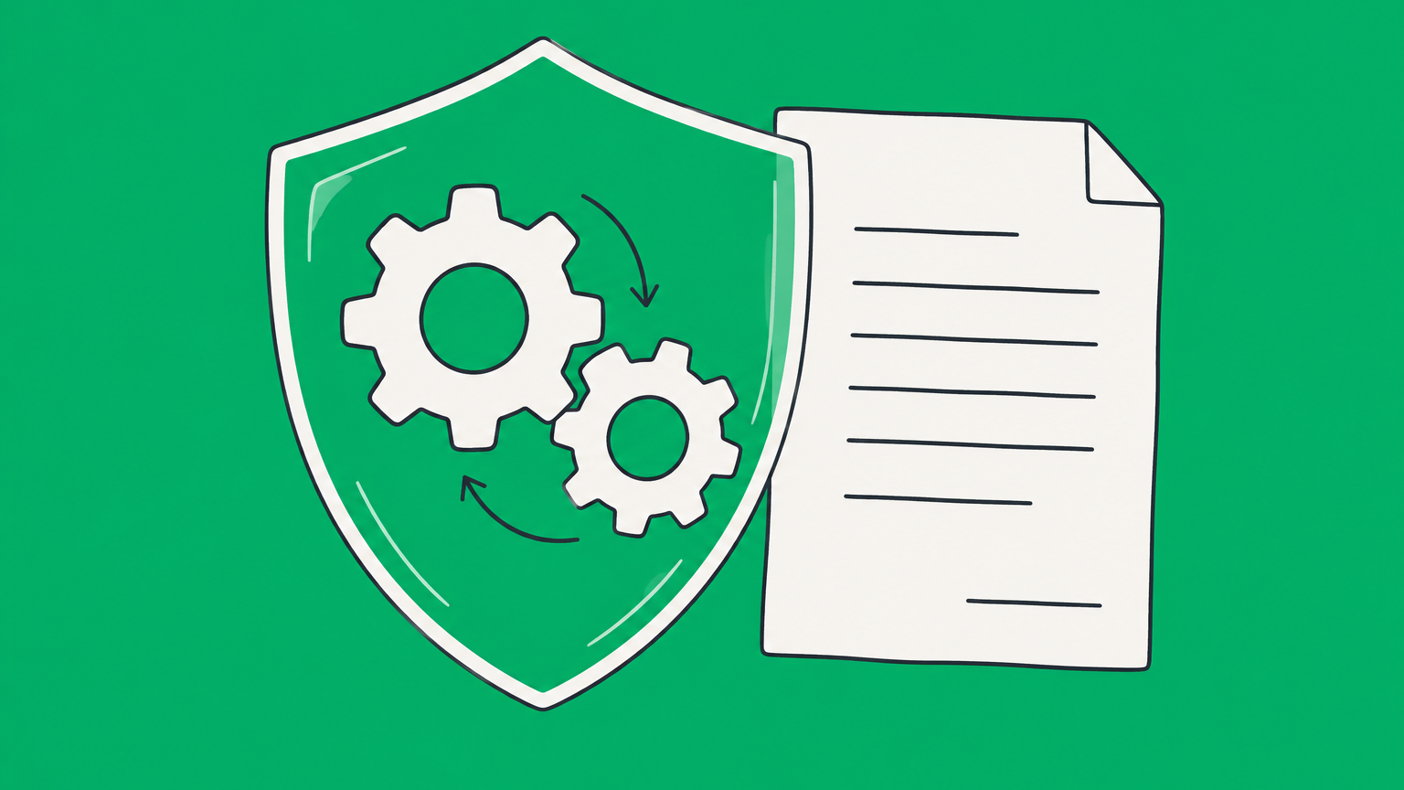 Flat illustration of two interlocking gears beneath a transparent shield beside a contract sheet, representing a good faith clause in a business contract.