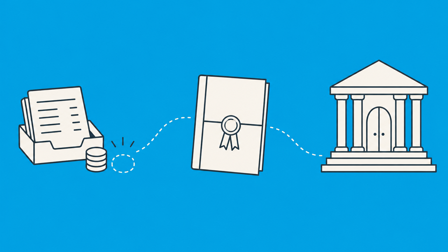 Flat illustration of an empty payment tray leading from a contract folder to a courthouse doorway, representing non-payment and possible legal action.