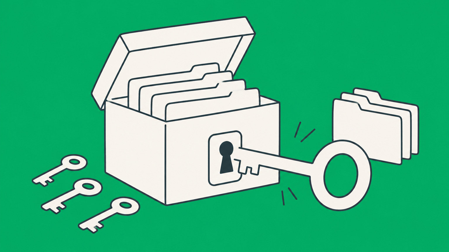 Flat illustration of a business file box with one or several matching keys representing LLC owners, members, and proof of ownership.