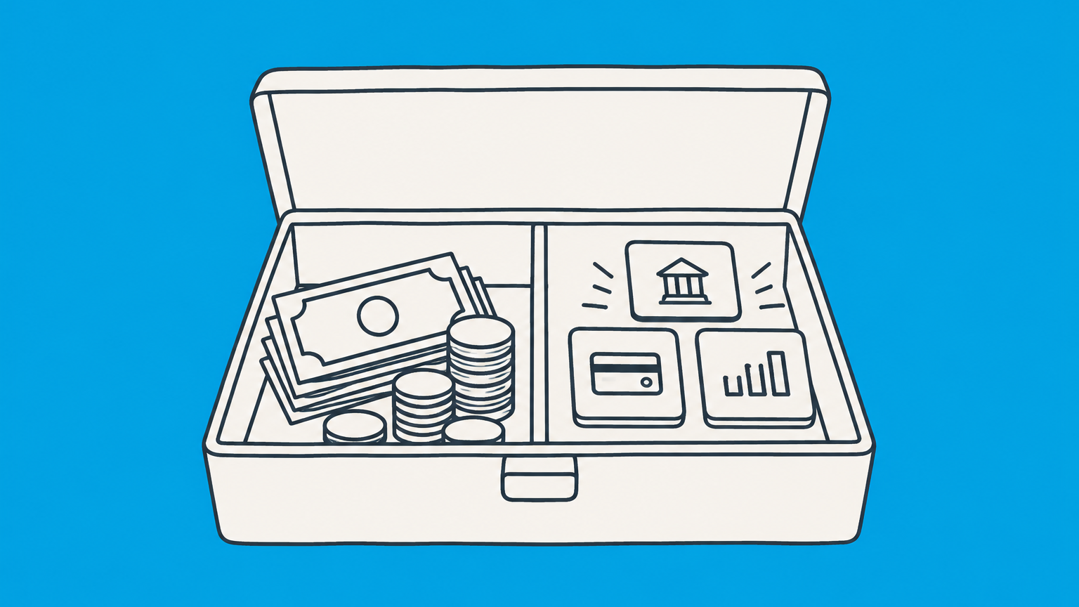 Flat illustration of a divided box holding physical cash and digital account tiles to represent whether money is property.