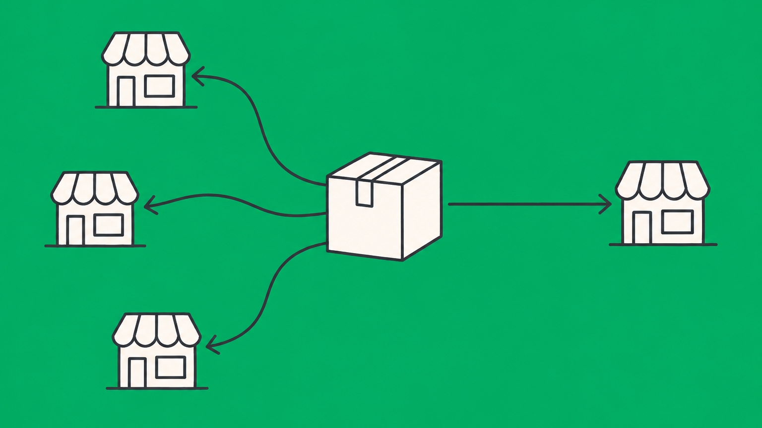 Flat illustration of a product connected to multiple storefronts to represent a non-exclusive agreement.