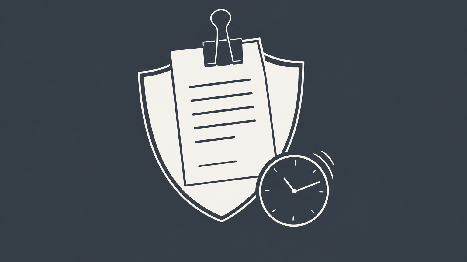 Flat illustration of a binder clip connecting an application to a shield-shaped policy folder, representing contract binding insurance.